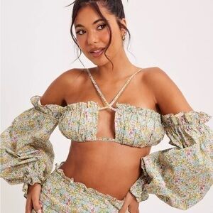 FOR LOVE & LEMONS RALEIGH Green Floral Crop Top Puff Sleeves Sz. XL NWT!
